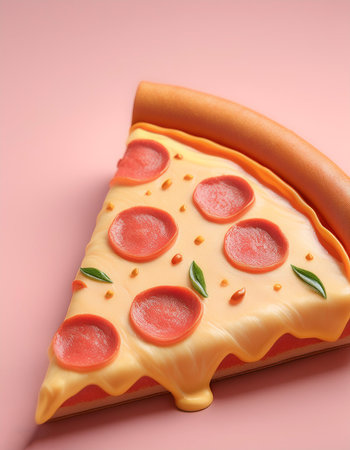 Slice of pizza with melted cheese with the addition of simple ornaments that match the object, isolated on a Pastel Pinkの写真素材