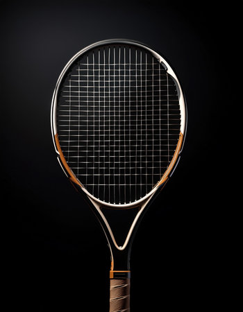tennis racket, isolated on a dark blackの写真素材