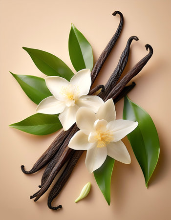 Vanilla pods, green leaves and flowers, isolated on a Pastelの写真素材