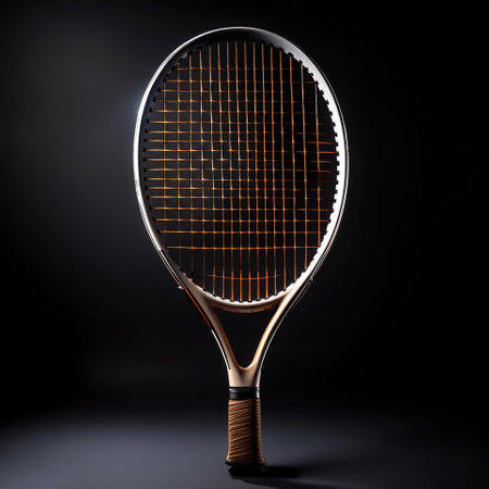 tennis racket, isolated on a dark blackの写真素材