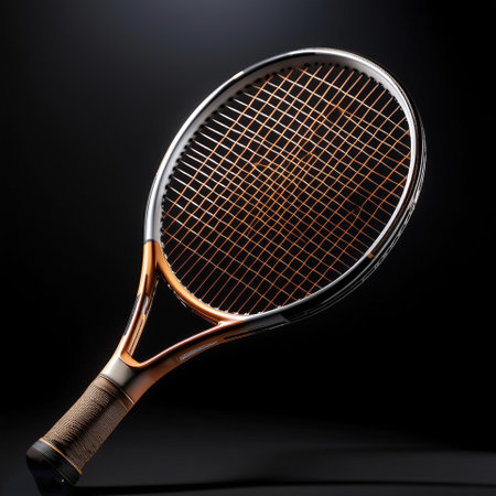 tennis racket, isolated on a dark blackの写真素材