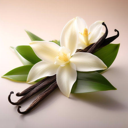 Vanilla pods, green leaves and flowers, isolated on a Pastelの写真素材