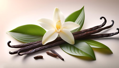 Vanilla pods, green leaves and flowers, isolated on a Pastelの写真素材