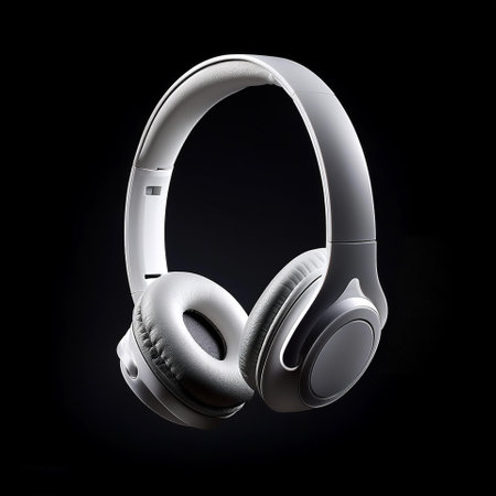 White metallic white wireless headphones in the air on side position provides copy space for text,...