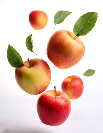 Apple fruits with leaves floating or flying isolated white backgroundの写真素材
