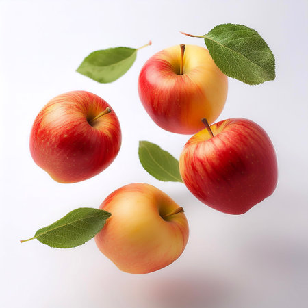 Apple fruits with leaves floating or flying isolated white backgroundの写真素材