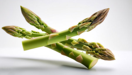 Asparagus floating or flying isolated white backgroundの写真素材