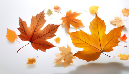 autumn leaves floating or flying isolated white background