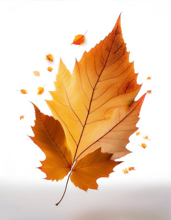 autumn leaves floating or flying isolated white backgroundの写真素材