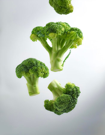 Broccoli floating or flying isolated white backgroundの写真素材