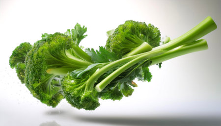 Broccoli rabe floating or flying isolated white background
