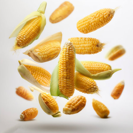 Corn floating or flying isolated white background