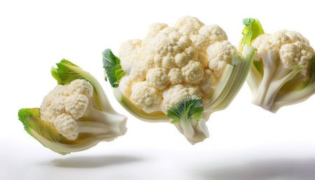 Cauliflower floating or flying isolated white backgroundの写真素材