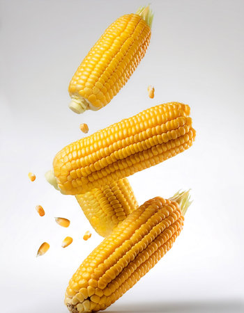 Corn floating or flying isolated white backgroundの写真素材