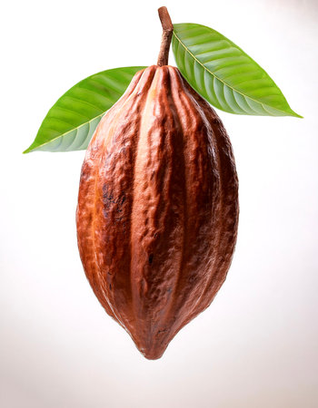 Cocoa with leaves floating or flying isolated white backgroundの写真素材