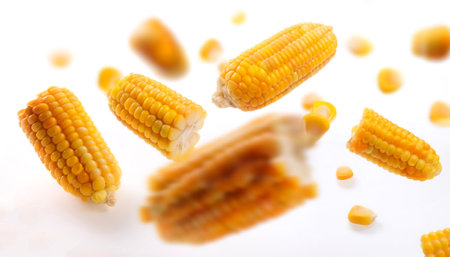 Corn floating or flying isolated white background