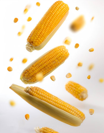 Corn floating or flying isolated white backgroundの写真素材