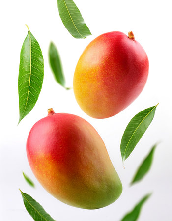 Fresh Mango fruits with leaves floating or flying isolated white backgroundの写真素材
