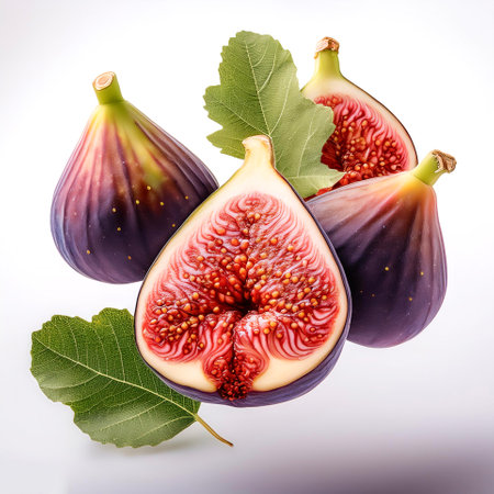 Figs fruit with leaves floating or flying isolated white backgroundの写真素材