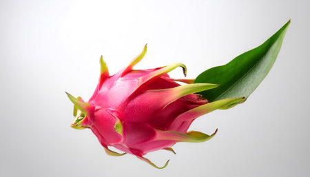 Dragon fruit with leaves floating or flying isolated white background
