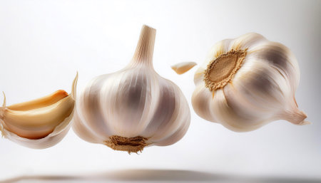 garlic floating or flying isolated white backgroundの写真素材