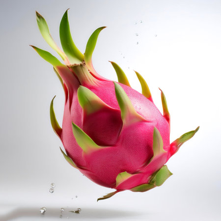 Dragon fruit with leaves floating or flying isolated white backgroundの写真素材