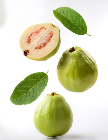 Guava with leaves floating or flying isolated white background