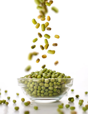 Mung beans floating or flying isolated white background