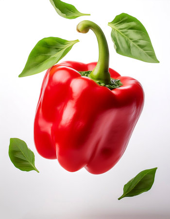 Paprika or red pepper fruit with leaves floating or flying isolated white backgroundの写真素材