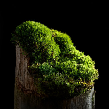 Green moss on tree rotten stump, isolated on a dark blackの写真素材