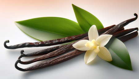 Vanilla pods, green leaves and flowers, isolated on a Pastelの写真素材