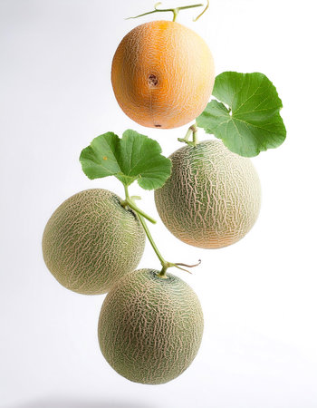 Cantaloupe fruit with leaves floating or flying isolated white backgroundの写真素材