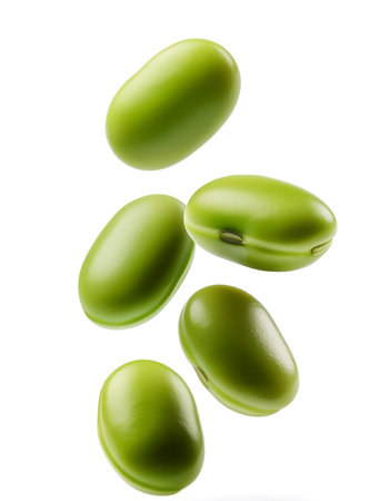 green Buncis or Beans floating or flying isolated white backgroundの写真素材