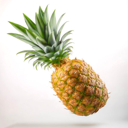 Pineapple fruits with leaves floating or flying isolated white backgroundの写真素材