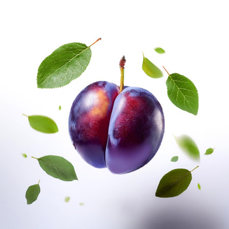 Plum with leaves floating or flying isolated white backgroundの写真素材
