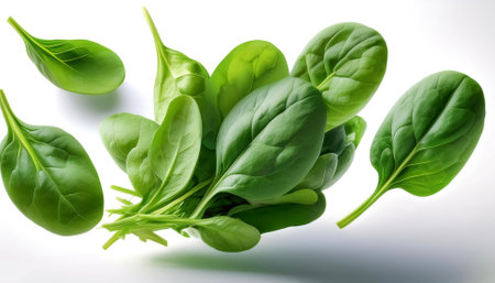 Spinach floating or flying isolated white backgroundの写真素材