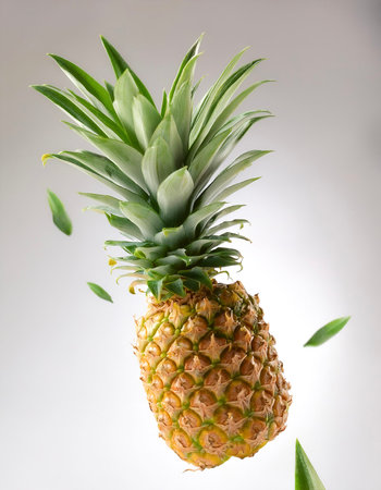 Pineapple fruits with leaves floating or flying isolated white backgroundの写真素材
