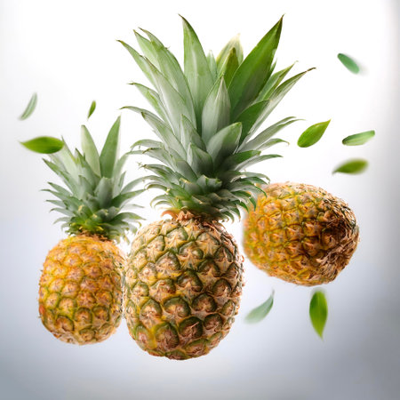 Pineapple fruits with leaves floating or flying isolated white backgroundの写真素材