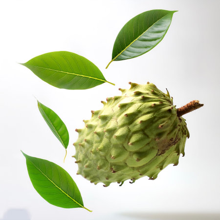 Soursop fruit with leaves floating or flying isolated white background