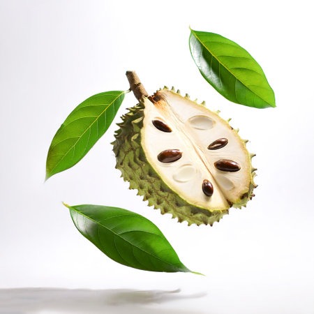 Soursop fruit with leaves floating or flying isolated white background