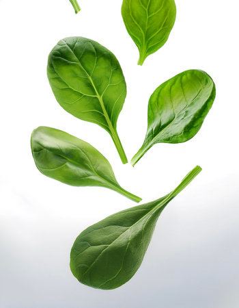 Spinach floating or flying isolated white backgroundの写真素材