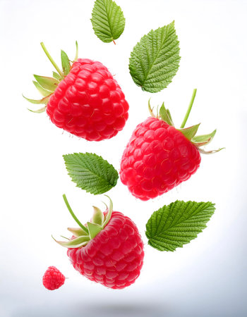 raspberry fruits with leaves floating or flying isolated white backgroundの写真素材