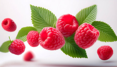 raspberry fruits with leaves floating or flying isolated white background
