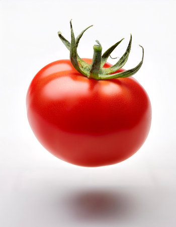 Tomato floating or flying isolated white backgroundの写真素材