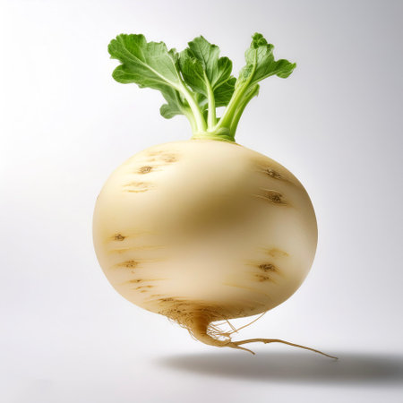 Turnip floating or flying isolated white backgroundの写真素材
