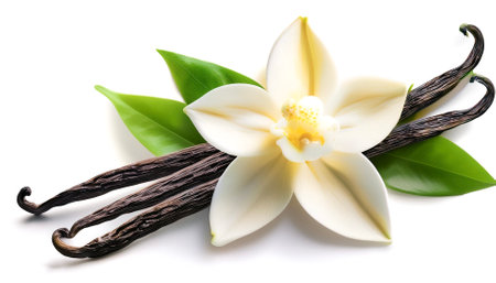 Vanilla pods, green leaves and flowers floating or flying isolated white backgroundの写真素材