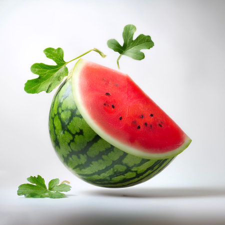 Watermelon with leaves floating or flying isolated white backgroundの写真素材