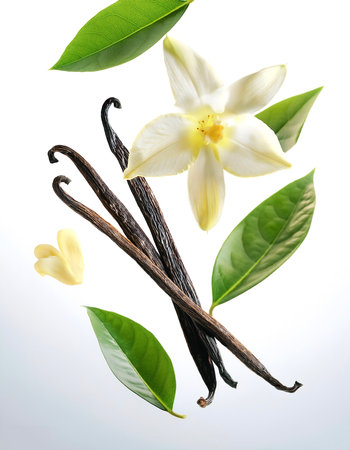 Vanilla pods, green leaves and flowers floating or flying isolated white background