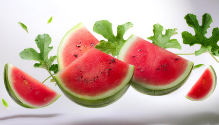 Watermelon with leaves floating or flying isolated white backgroundの写真素材