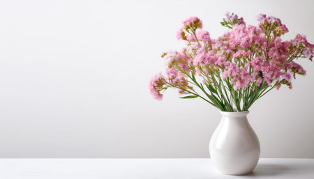 A delicate display of pink limonium sinuatum, statice, flowers in a simple white vase on side...